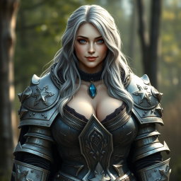 A beautiful, busty, shy and cute Ukrainian sun cleric healer with long ash grey hair