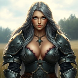 A beautiful, busty, shy and cute Ukrainian sun cleric healer with long ash grey hair