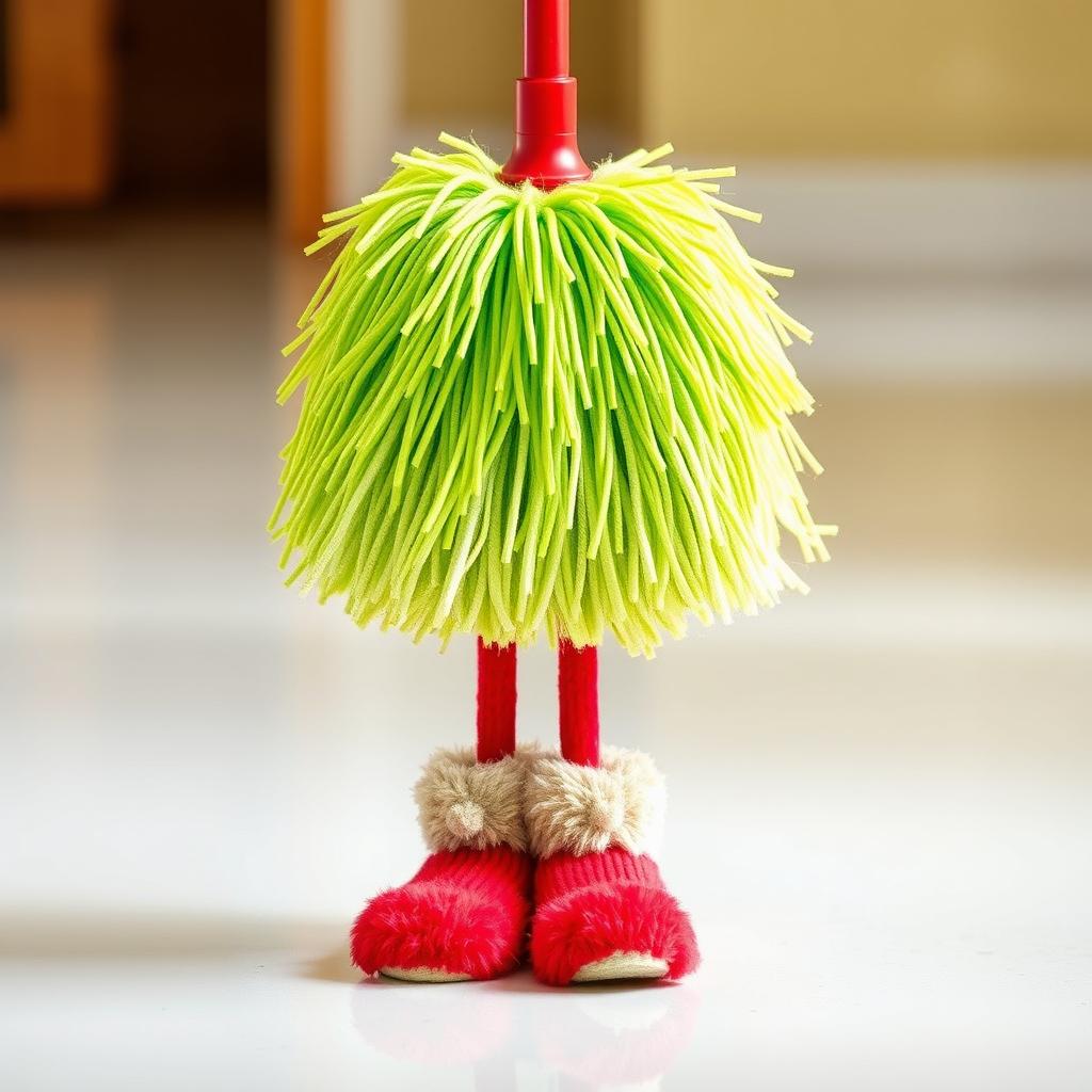 A whimsical and colorful representation of a mop with vibrant green bristles, featuring fluffy, cozy socks in a bright and playful design