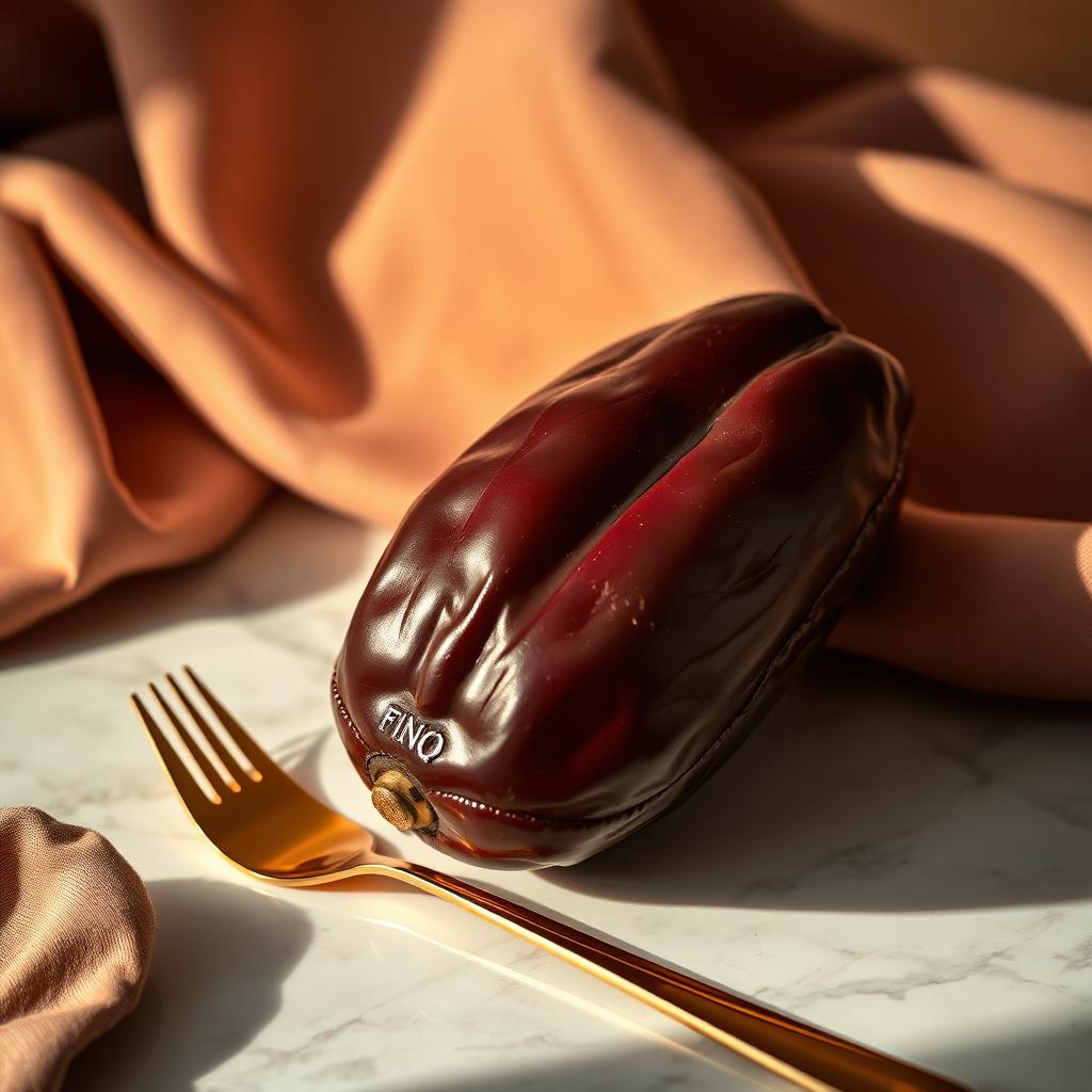 A stunning, high-fashion editorial shoot featuring a luxurious, oversized date fruit (finiq) as the centerpiece