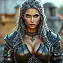 A beautiful busty Ukrainian Sun cleric healer, featuring a kind and caring round face with very bright topaz blue eyes