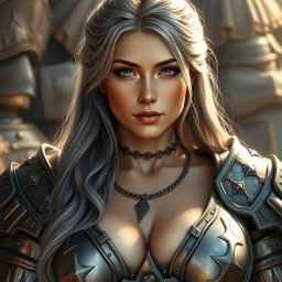A beautiful busty Ukrainian Sun cleric healer, featuring a kind and caring round face with very bright topaz blue eyes