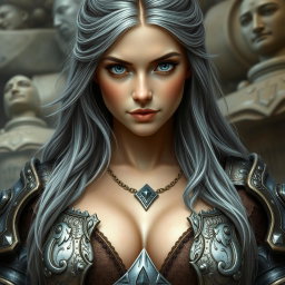 A beautiful busty Ukrainian Sun cleric healer, featuring a kind and caring round face with very bright topaz blue eyes