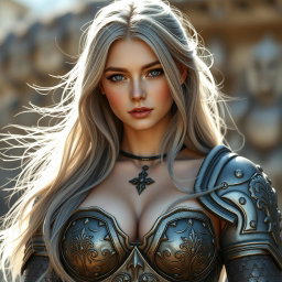 A beautiful, busty, shy, and cute Ukrainian Sun cleric healer with a kind and slim physique