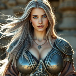 A beautiful, busty, shy, and cute Ukrainian Sun cleric healer with a kind and slim physique