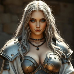 A stunningly beautiful Ukrainian sun cleric healer, exemplifying innocence and shyness, with long ash grey hair and very bright topaz blue eyes