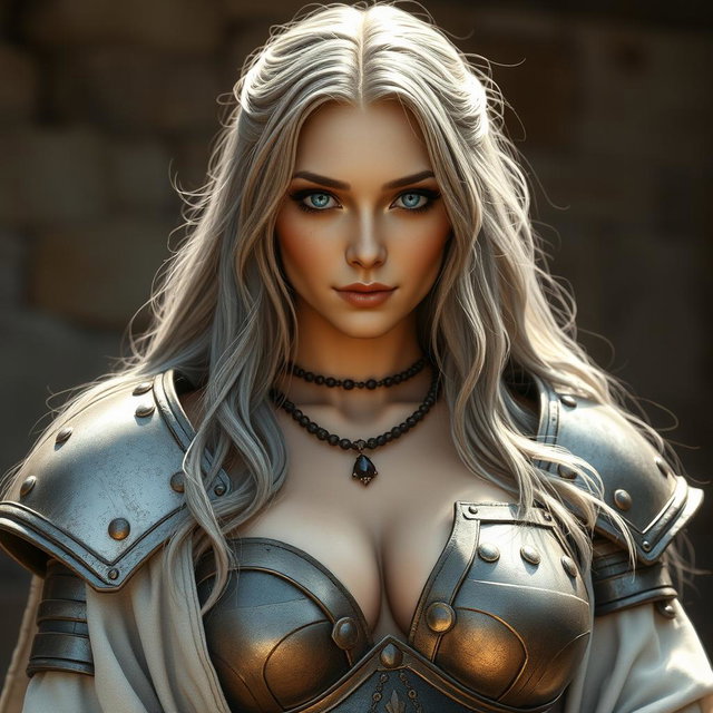 A stunningly beautiful Ukrainian sun cleric healer, exemplifying innocence and shyness, with long ash grey hair and very bright topaz blue eyes