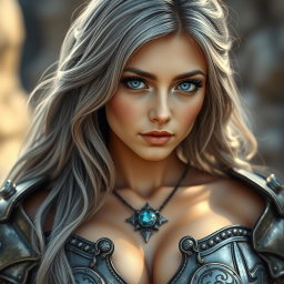 A stunningly beautiful Ukrainian sun cleric healer, exemplifying innocence and shyness, with long ash grey hair and very bright topaz blue eyes