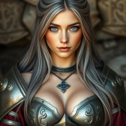 A stunningly beautiful Ukrainian sun cleric healer, exemplifying innocence and shyness, with long ash grey hair and very bright topaz blue eyes