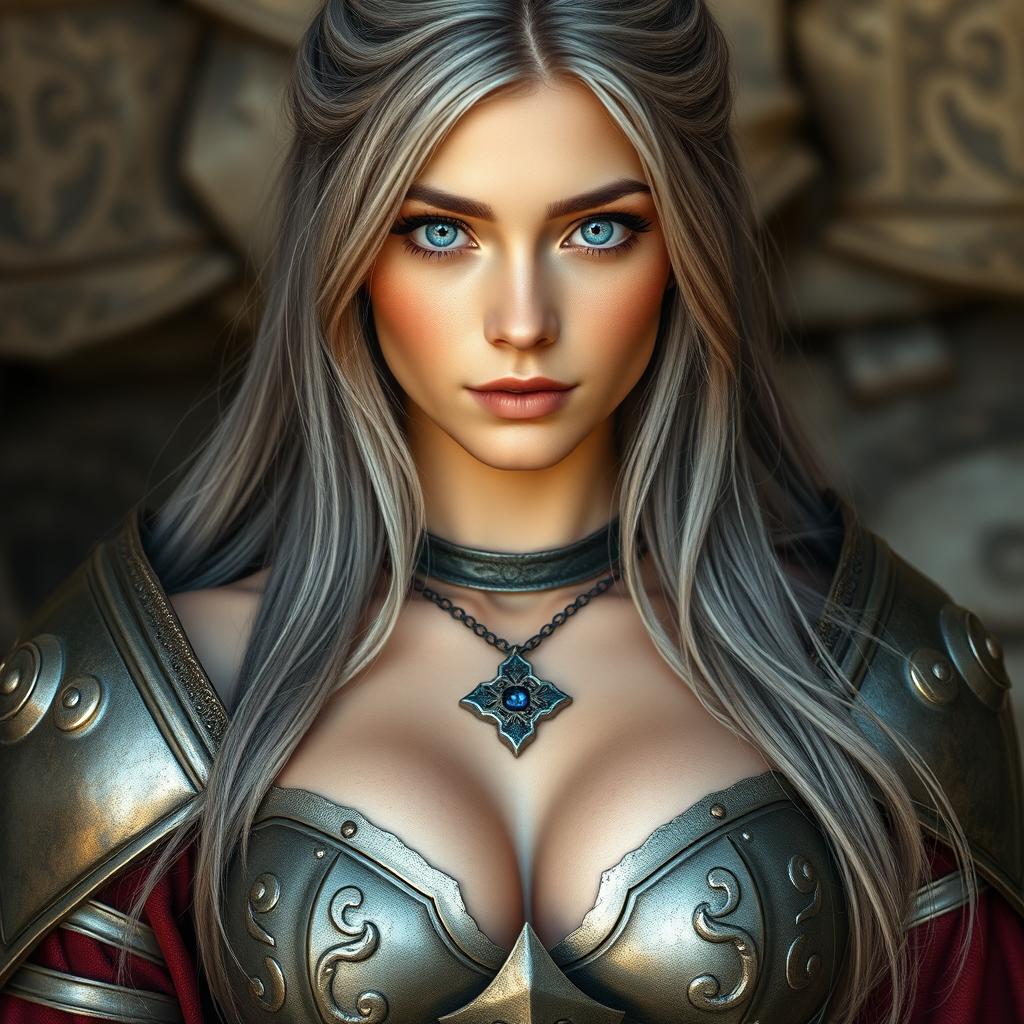 A stunningly beautiful Ukrainian sun cleric healer, exemplifying innocence and shyness, with long ash grey hair and very bright topaz blue eyes