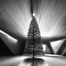 Abstract, avant-garde, monochrome architectural photograph of a stylized Christmas tree within a beautifully structured concrete room.