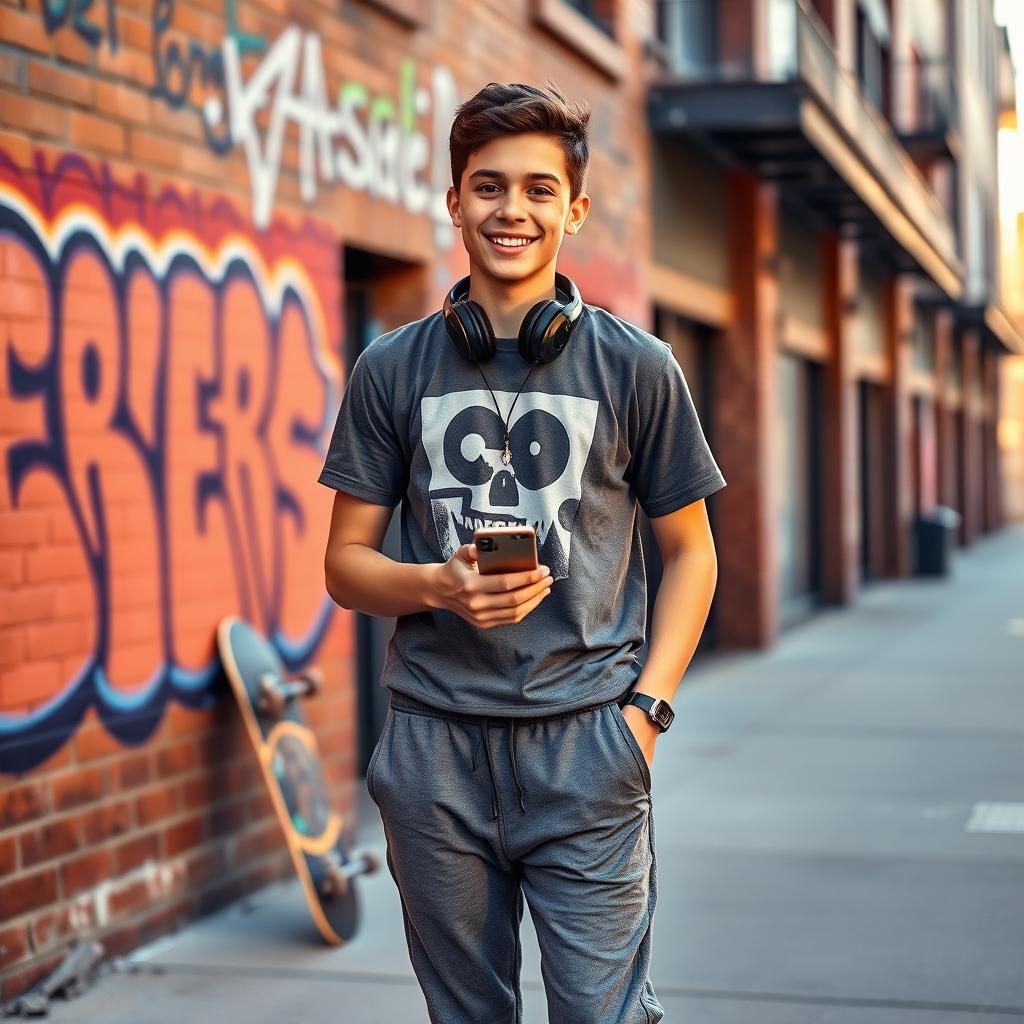 A vibrant scene featuring a confident teenager standing in an urban environment, wearing trendy streetwear, such as a graphic t-shirt and joggers, with headphones around their neck