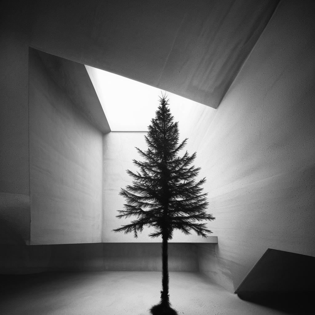 Abstract, avant-garde, monochrome architectural photograph of a stylized Christmas tree within a beautifully structured concrete room.