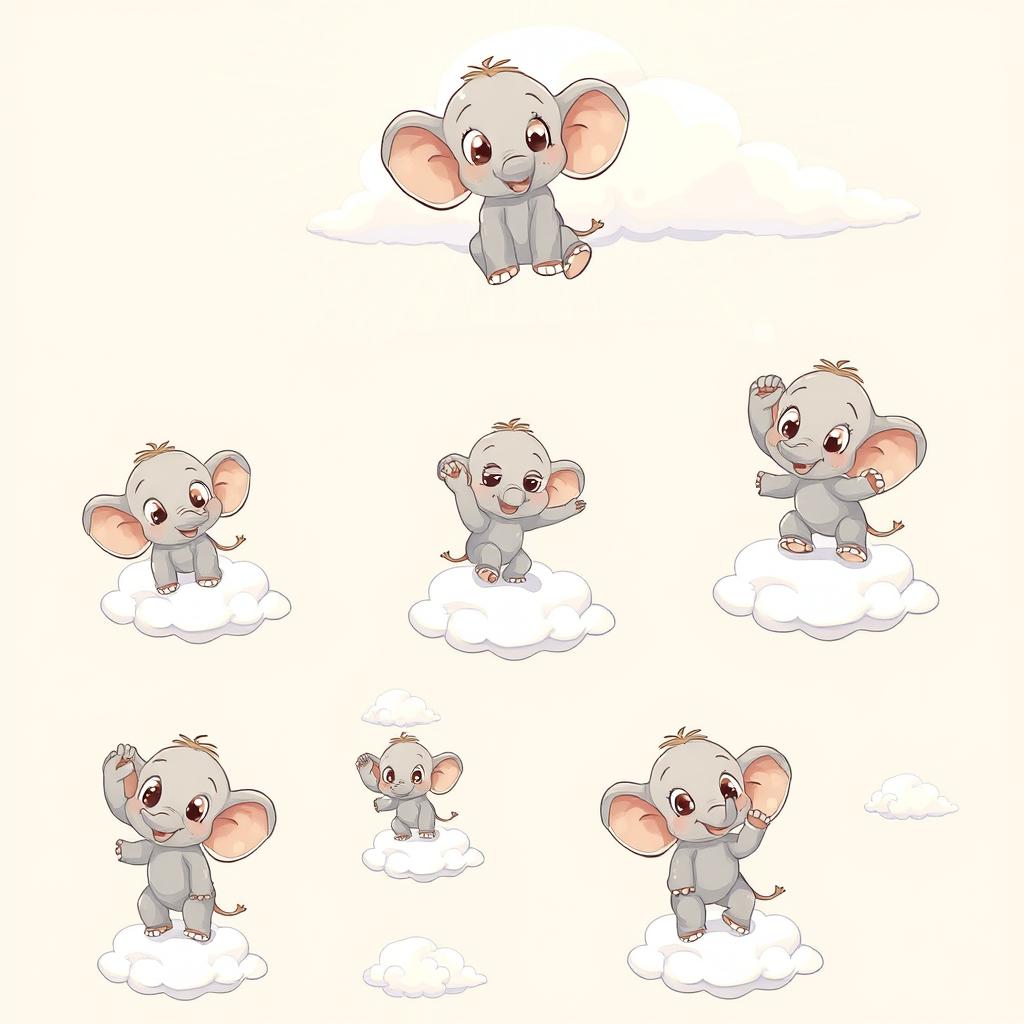 A whimsical collection of sprites featuring an adorable elephant floating on a fluffy cloud