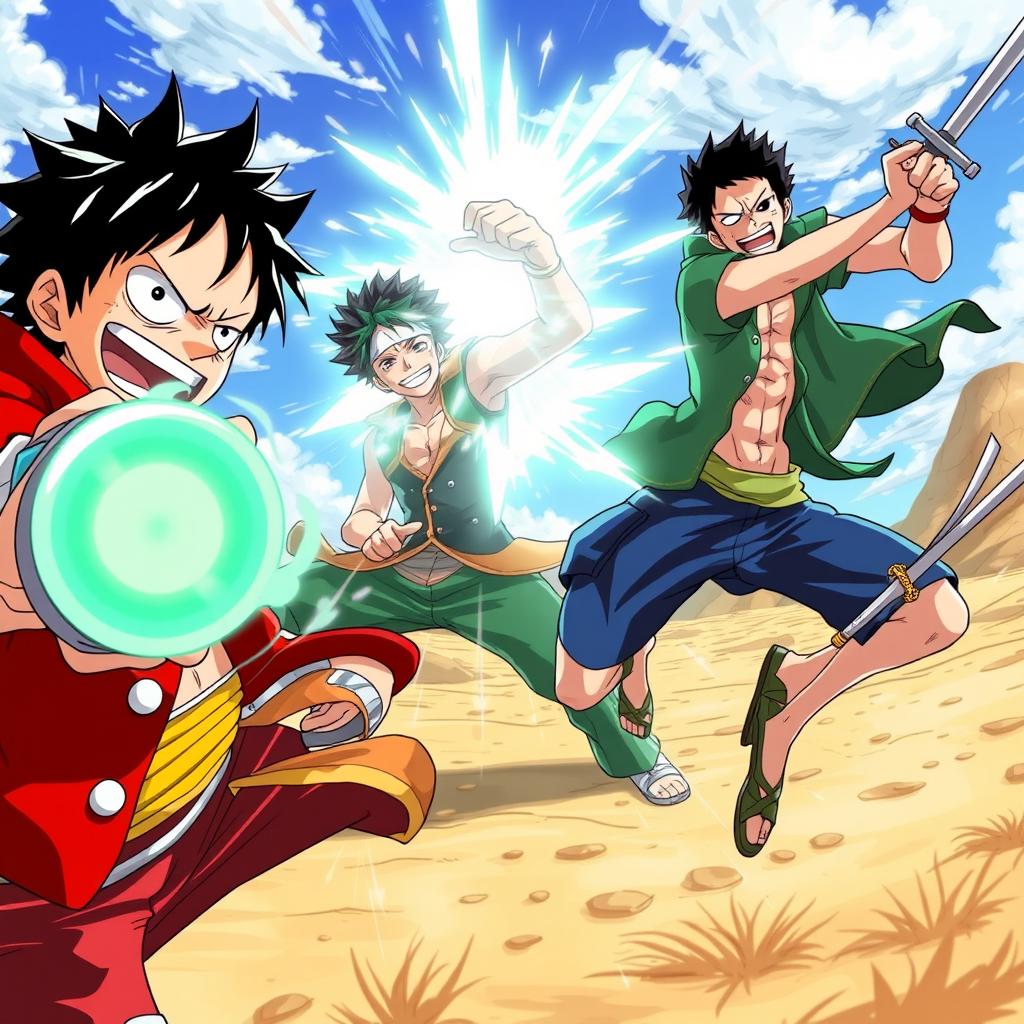 An action-packed scene featuring three iconic anime characters: Luffy, the spirited captain, using his Gum-Gum Pistol with an intense expression; Satoru Gojo, unleashing his Limitless technique with a confident smirk, surrounded by shimmering energy; and Zoro, mid-swing with his swords drawn, showcasing his determination and fighting spirit