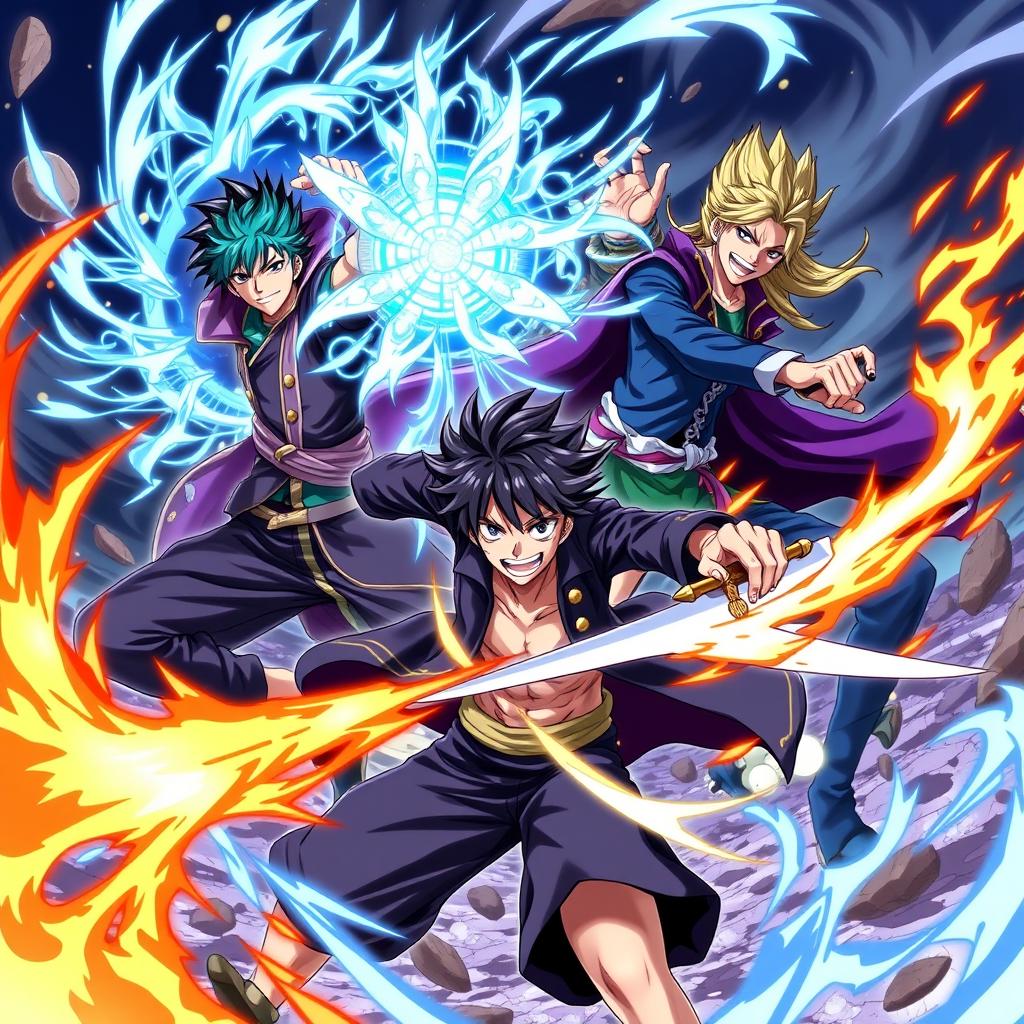 A dynamic action scene featuring three powerful characters: Sataru Gojo, Zoro from One Piece, and Meriliona Vermilion from Black Clover