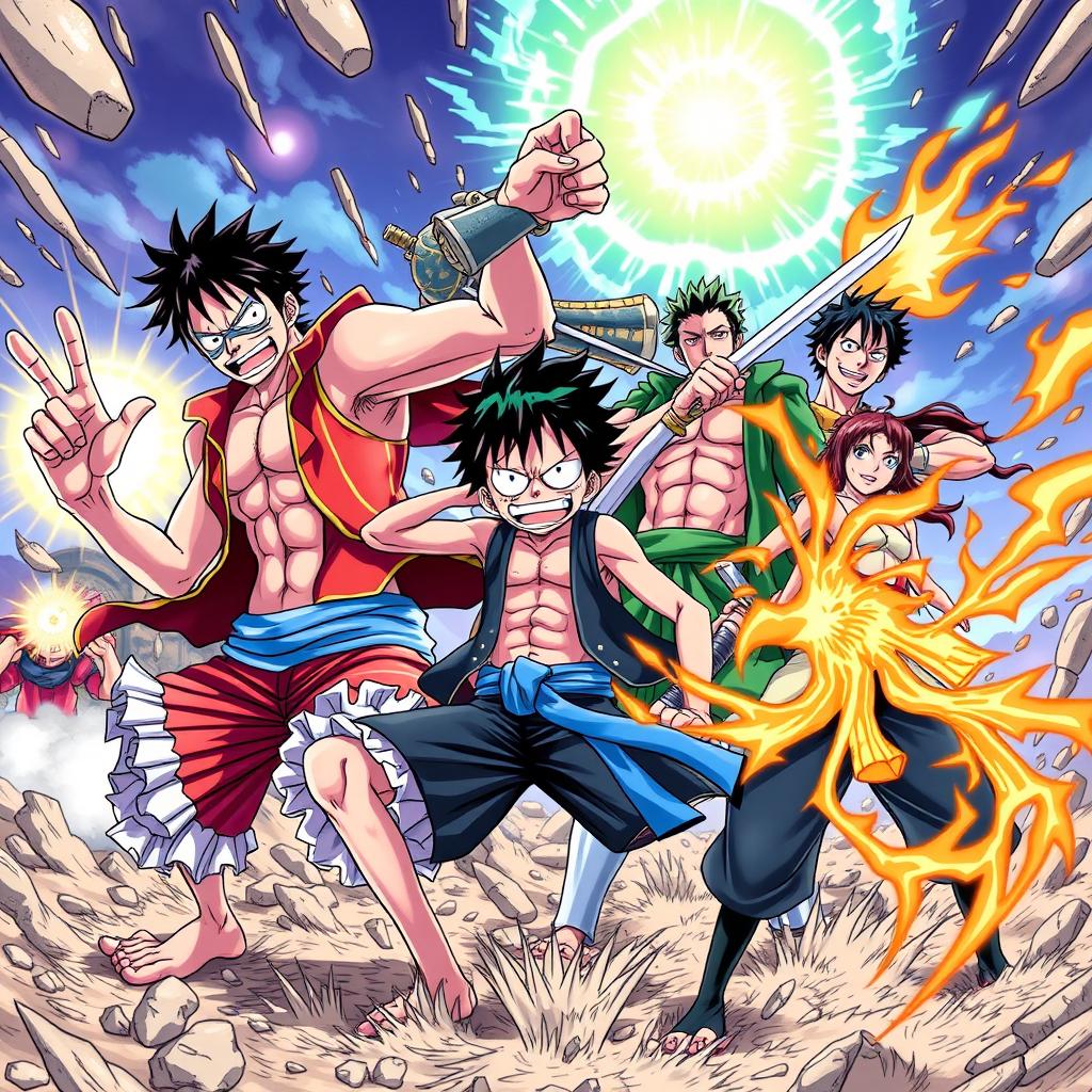 A dynamic and action-packed scene featuring Monkey D