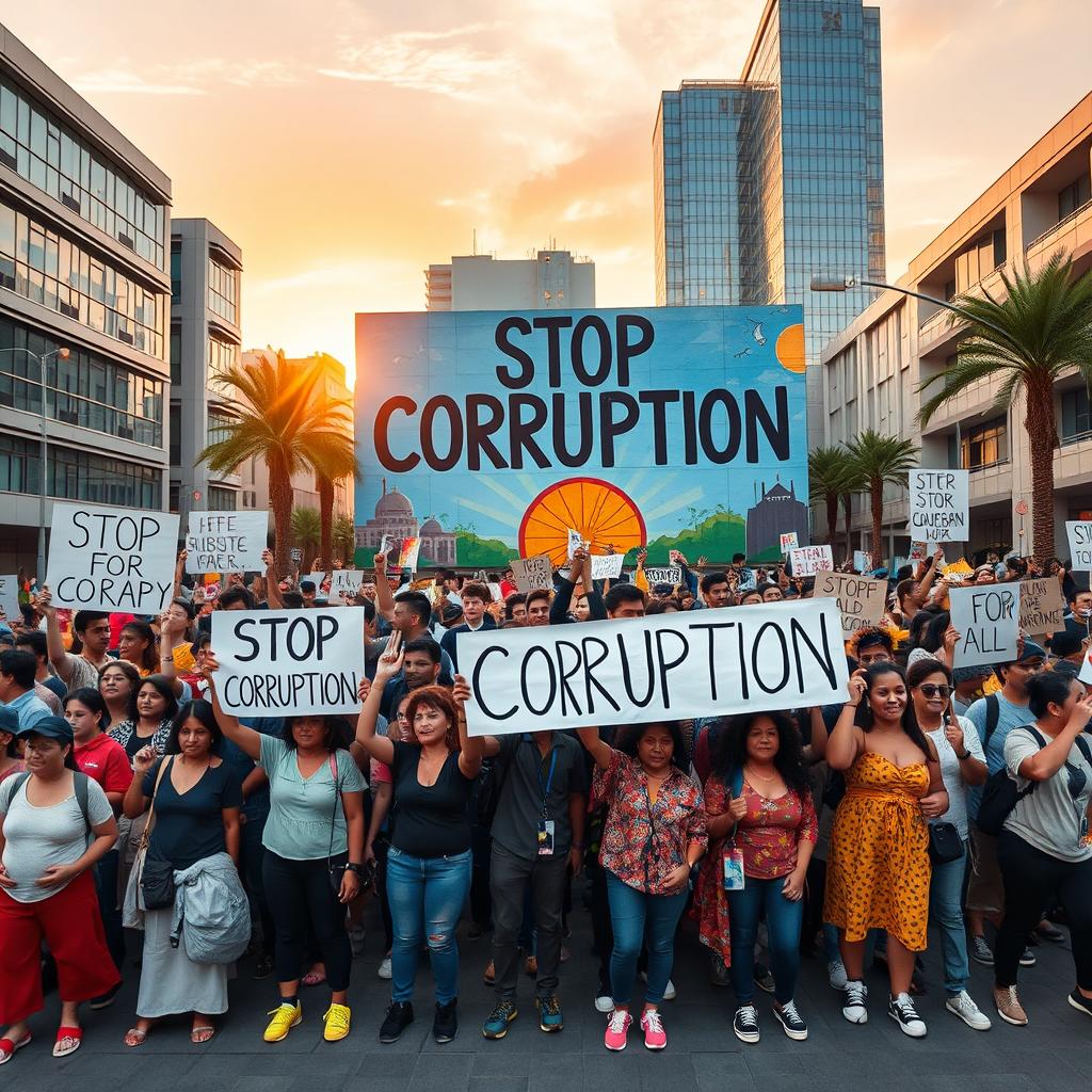 A powerful scene depicting unity and determination against corruption