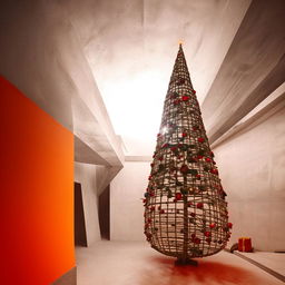 Abstract, avant-garde, monochrome architectural photograph of a stylized Christmas tree within a beautifully structured concrete room, with a striking pop of orange-red color.