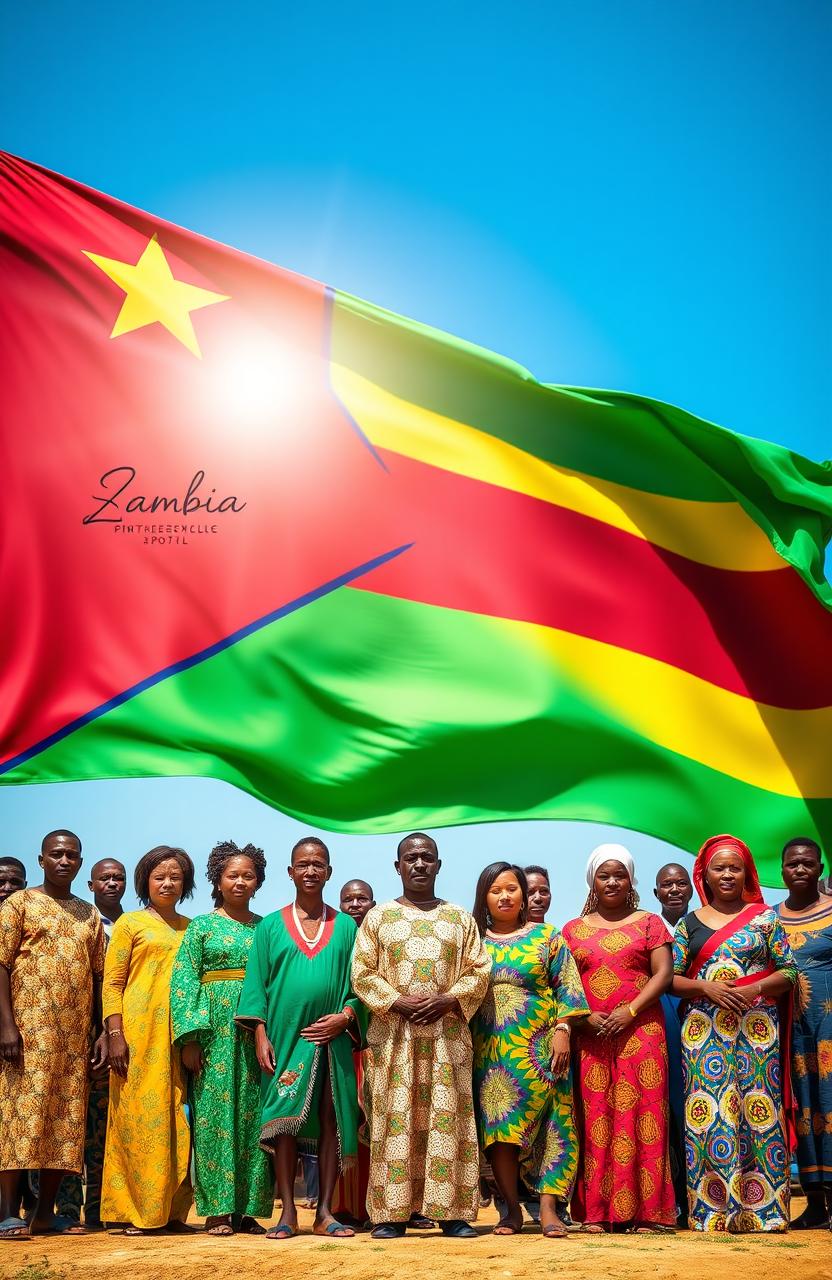A vibrant and colorful depiction of the Zambian flag waving in the background, with a diverse group of people standing still in front of it, showcasing unity and cultural diversity