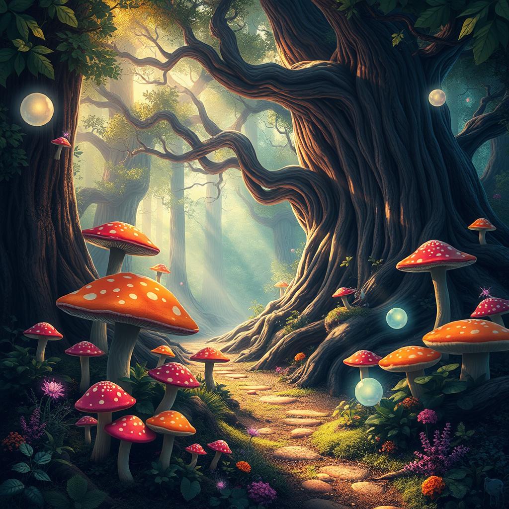 A mystical forest filled with vibrant colored mushrooms and towering ancient trees, glowing orbs floating around, magical creatures peeking through the foliage, a soft mist hovering above the ground, sunlight filtering through the leaves, creating dappled patterns on the forest floor