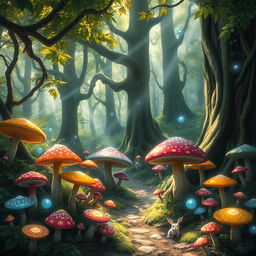 A mystical forest filled with vibrant colored mushrooms and towering ancient trees, glowing orbs floating around, magical creatures peeking through the foliage, a soft mist hovering above the ground, sunlight filtering through the leaves, creating dappled patterns on the forest floor