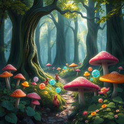 A mystical forest filled with vibrant colored mushrooms and towering ancient trees, glowing orbs floating around, magical creatures peeking through the foliage, a soft mist hovering above the ground, sunlight filtering through the leaves, creating dappled patterns on the forest floor