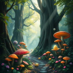 A mystical forest filled with vibrant colored mushrooms and towering ancient trees, glowing orbs floating around, magical creatures peeking through the foliage, a soft mist hovering above the ground, sunlight filtering through the leaves, creating dappled patterns on the forest floor