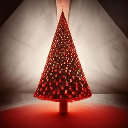 Abstract, avant-garde, monochrome architectural photograph of a stylized Christmas tree within a beautifully structured concrete room, with a striking pop of orange-red color.