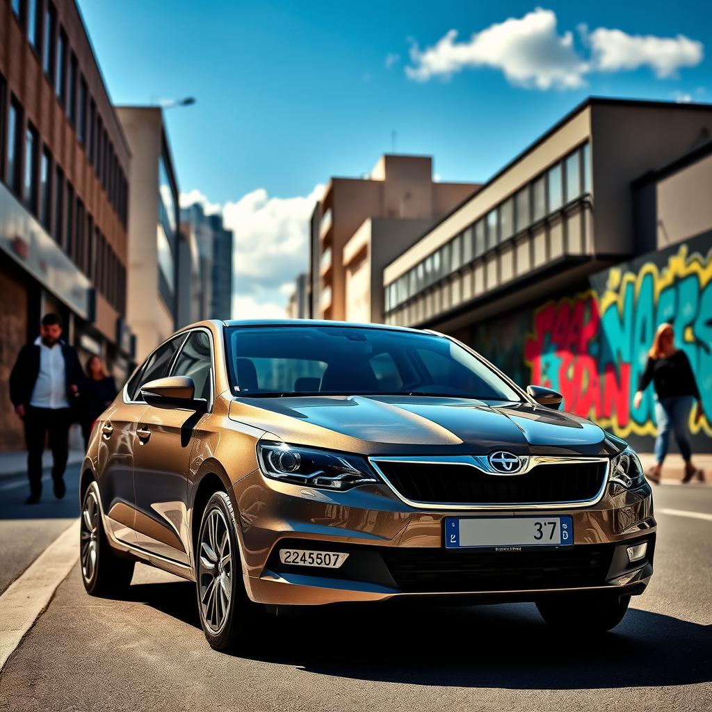A sleek and shiny Lada Priora parked on an urban street, surrounded by modern buildings and vibrant street art