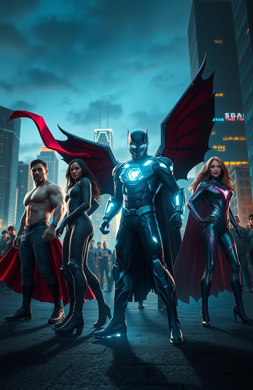 Epic Superheroes Unite: A Dusk Adventure in a Neon City