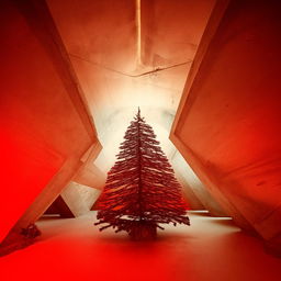 Abstract, avant-garde, monochrome architectural photograph of a stylized Christmas tree within a beautifully structured concrete room, with a striking pop of orange-red color.