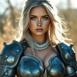 A beautiful busty and innocent shy cute Ukrainian sun cleric healer girl with long ash grey hair, very bright topaz blue eyes, and a round kind caring face