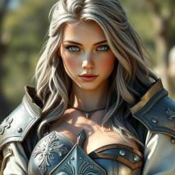 A beautiful busty and innocent shy cute Ukrainian sun cleric healer girl with long ash grey hair, very bright topaz blue eyes, and a round kind caring face