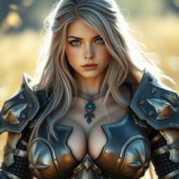 A beautiful busty and innocent shy cute Ukrainian sun cleric healer girl with long ash grey hair, very bright topaz blue eyes, and a round kind caring face