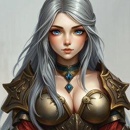 A beautiful, busty, innocent, and shy Ukrainian Sun cleric healer girl, depicted as a kind and slim character with long ash grey hair cascading down