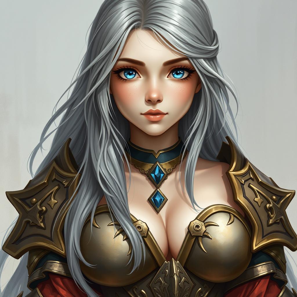 A beautiful, busty, innocent, and shy Ukrainian Sun cleric healer girl, depicted as a kind and slim character with long ash grey hair cascading down