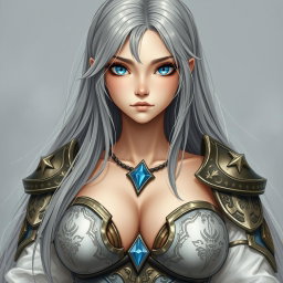 A beautiful, busty, innocent, and shy Ukrainian Sun cleric healer girl, depicted as a kind and slim character with long ash grey hair cascading down