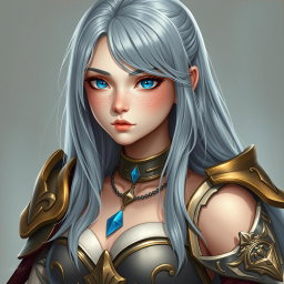 A beautiful, busty, innocent, and shy Ukrainian Sun cleric healer girl, depicted as a kind and slim character with long ash grey hair cascading down