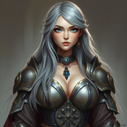 A beautiful, busty, innocent, and shy Ukrainian Sun cleric healer girl, depicted as a kind and slim character with long ash grey hair cascading down