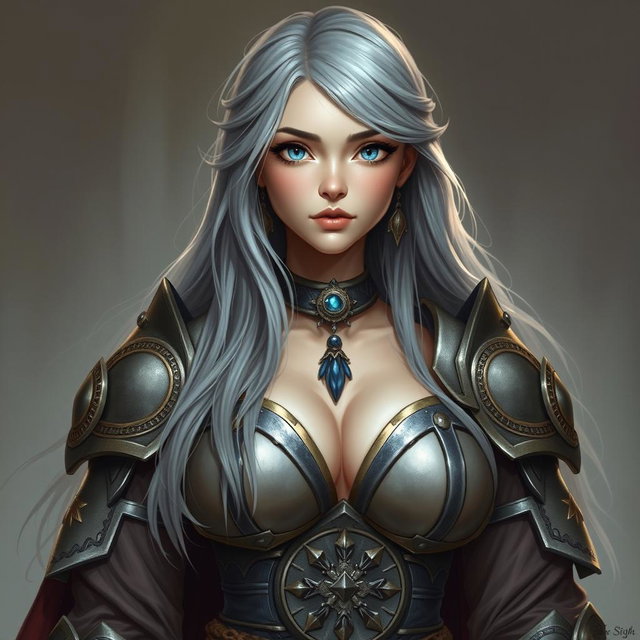 A beautiful, busty, innocent, and shy Ukrainian Sun cleric healer girl, depicted as a kind and slim character with long ash grey hair cascading down