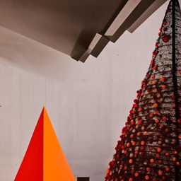 Abstract, avant-garde, monochrome architectural photograph of a stylized Christmas tree within a beautifully structured concrete room, with a striking pop of orange-red color.