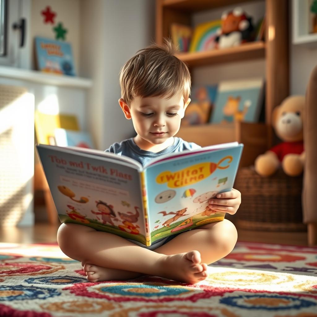 A young child, around 5 years old, sitting cross-legged on a colorful rug, deeply engrossed in reading a picture book