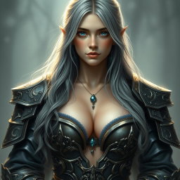 A beautiful, busty, innocent, and shy Ukrainian sun cleric healer girl, characterized by her long ash grey hair and bright topaz blue eyes