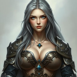 A beautiful, busty, innocent, and shy Ukrainian sun cleric healer girl, characterized by her long ash grey hair and bright topaz blue eyes