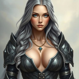 A beautiful, busty, innocent, and shy Ukrainian sun cleric healer girl, characterized by her long ash grey hair and bright topaz blue eyes