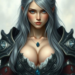A beautiful, busty, innocent, and shy Ukrainian sun cleric healer girl, characterized by her long ash grey hair and bright topaz blue eyes