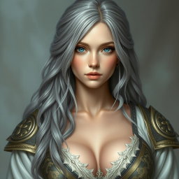 A beautiful, busty, innocent and shy Ukrainian sun cleric healer, characterized by her long ash grey hair and very bright topaz blue eyes