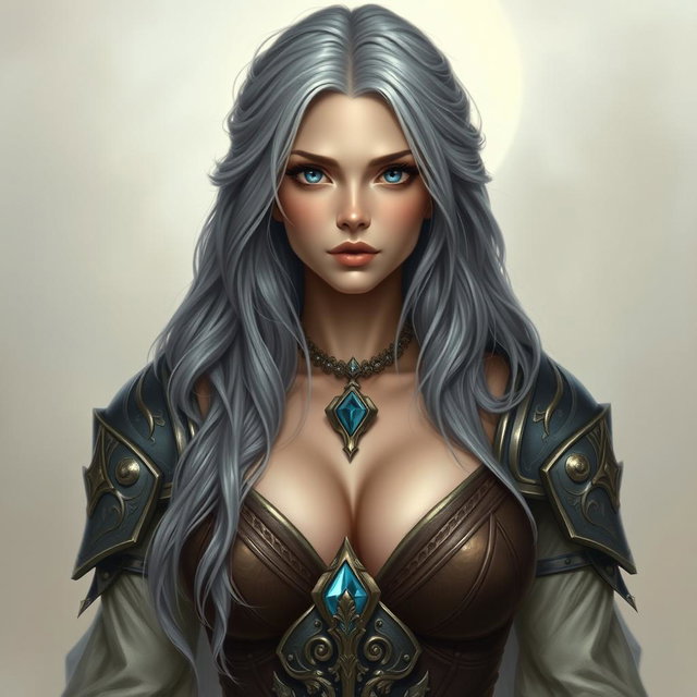 A beautiful, busty, innocent and shy Ukrainian sun cleric healer, characterized by her long ash grey hair and very bright topaz blue eyes