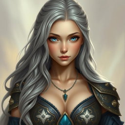 A beautiful, busty, innocent and shy Ukrainian sun cleric healer, characterized by her long ash grey hair and very bright topaz blue eyes
